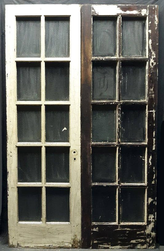 48"x80" Pair Antique Vintage Old Reclaimed Salvaged French Double Wood Doors 20 Windows Textured Glass