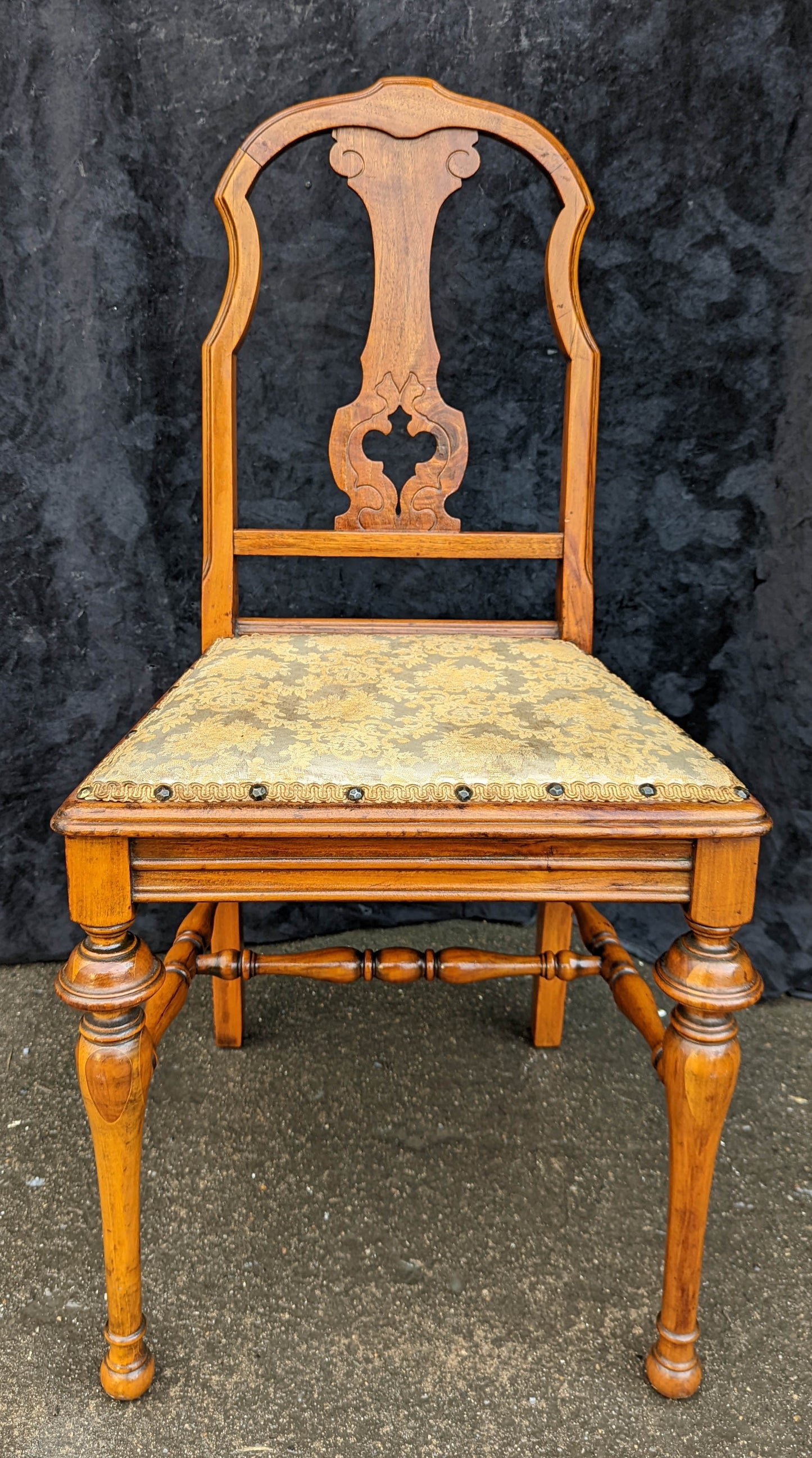 Antique Vintage Old "Rushville" SOLID Walnut Wood Wooden Carved Side Dining Accent Desk Chair Fabric Caned Wicker Seat