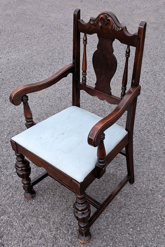 40H" Antique Vintage Old "Drexel" Solid Walnut Wood Wooden Dining Accent Side Parlor Armchair Chair Fabric Seat