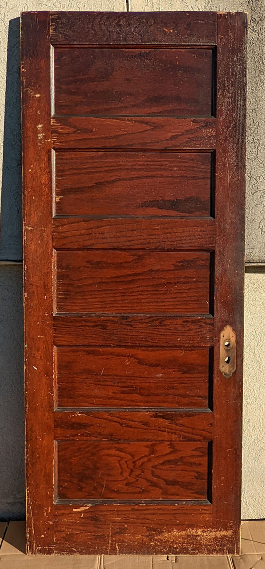 32"x79" Antique Vintage Salvaged Reclaimed Interior Oak Veneer Wood Wooden Door 5 Panels