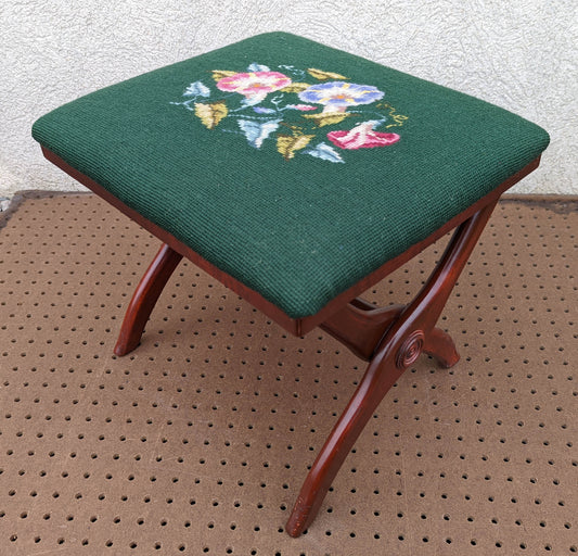 Antique Vintage Old Victorian SOLID Wood Wooden Kneeling Bench Foot Stool Ottoman Plant Stand Green Floral Fabric Needlepoint Design
