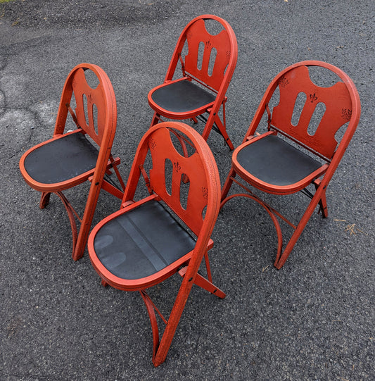 Set of 4 Antique Vintage Old "Solid Kumfort" Louis Rastetter Red Black Wood Wooden Foldable Fold Out Side Dining Accent Desk Chair Vinyl Fabric Seat