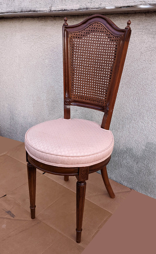 Vintage Antique Old SOLID Wood Wooden Side Accent Dining Desk Chair Caned Pink Fabric Seat