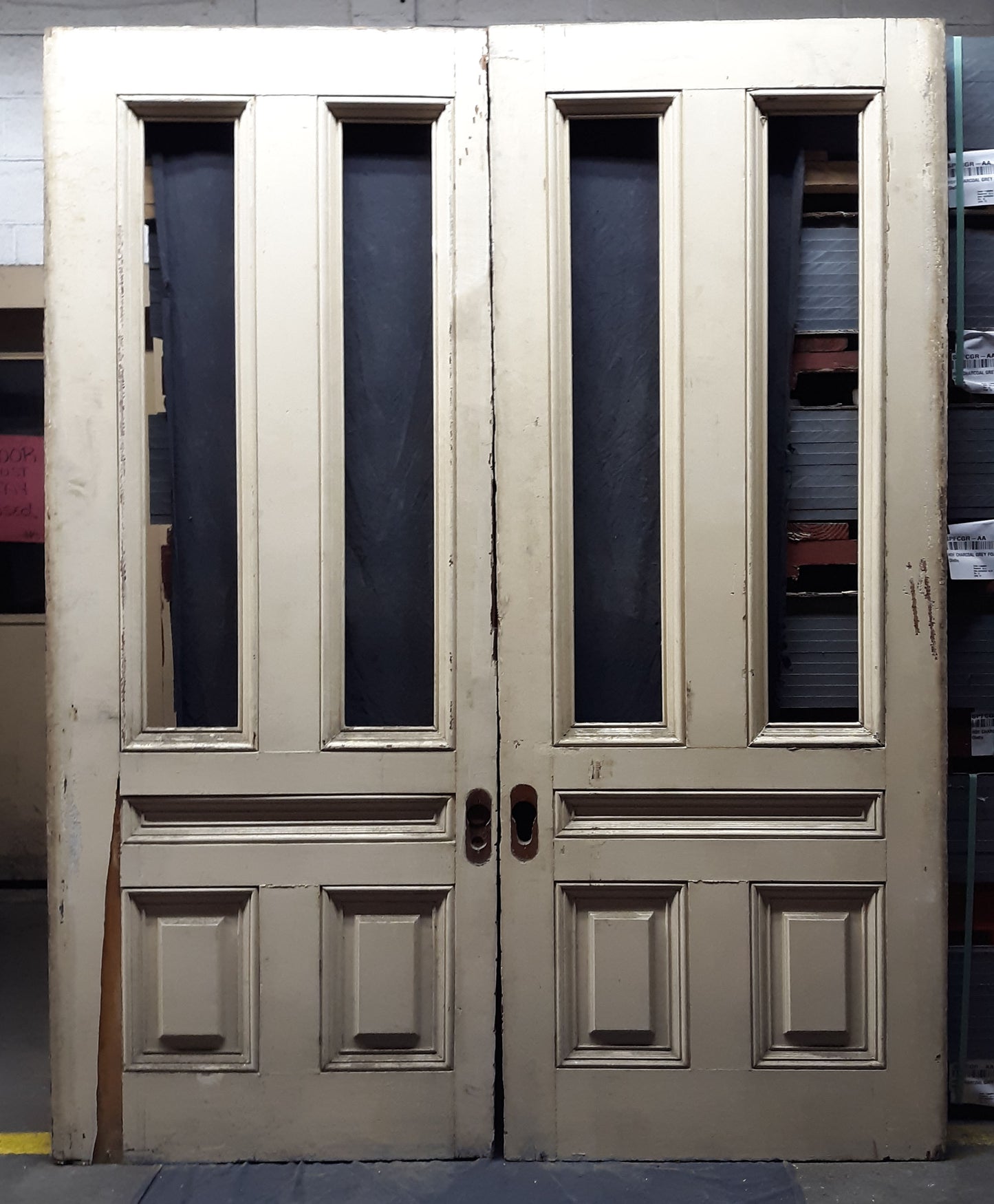 75"x96"x3" Pair Antique Vintage Old Reclaimed Salvaged Victorian SOLID Wood Wooden Interior Exterior Pocket Sliding Double Doors 4 Windows 3 Panels