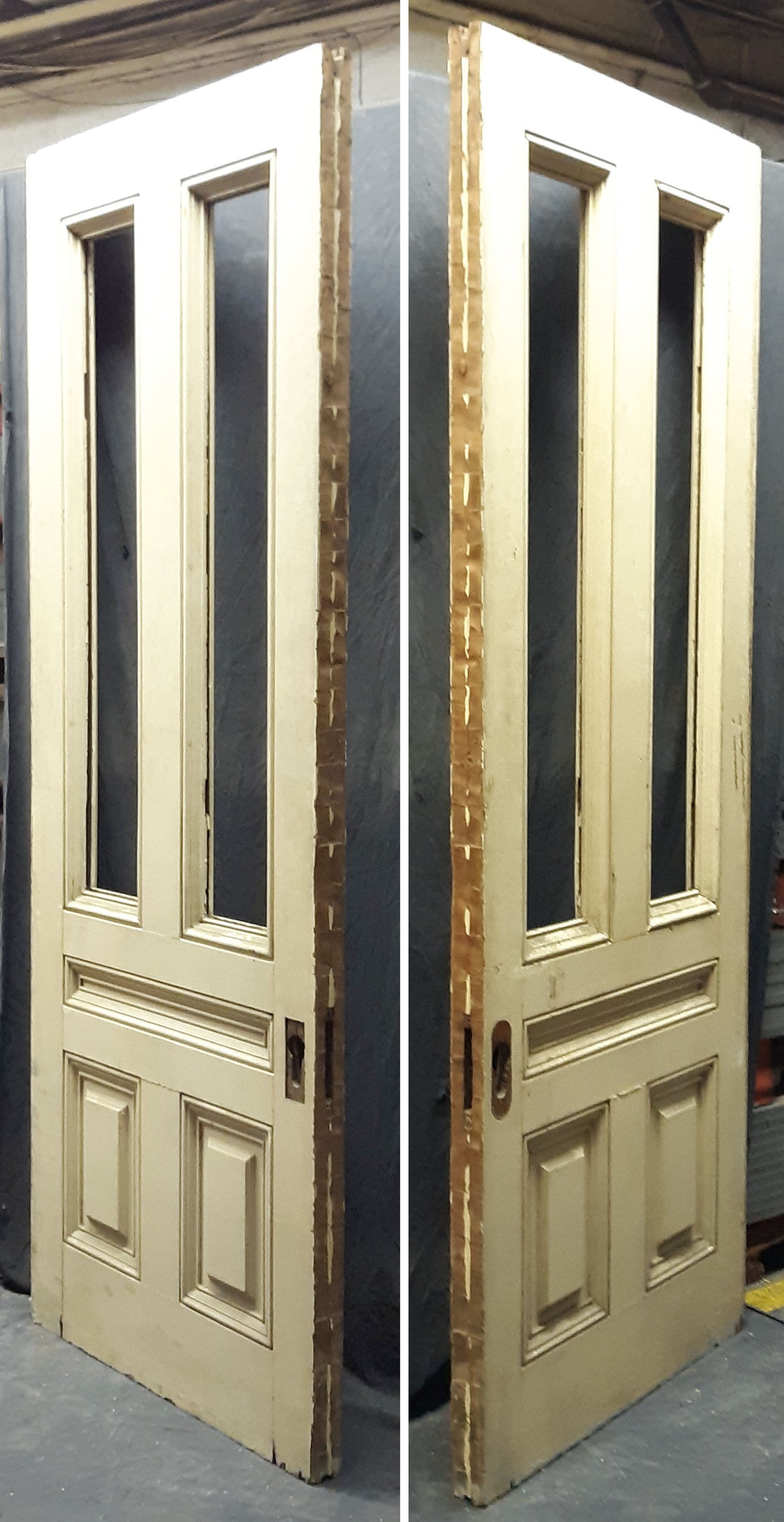 75"x96"x3" Pair Antique Vintage Old Reclaimed Salvaged Victorian SOLID Wood Wooden Interior Exterior Pocket Sliding Double Doors 4 Windows 3 Panels