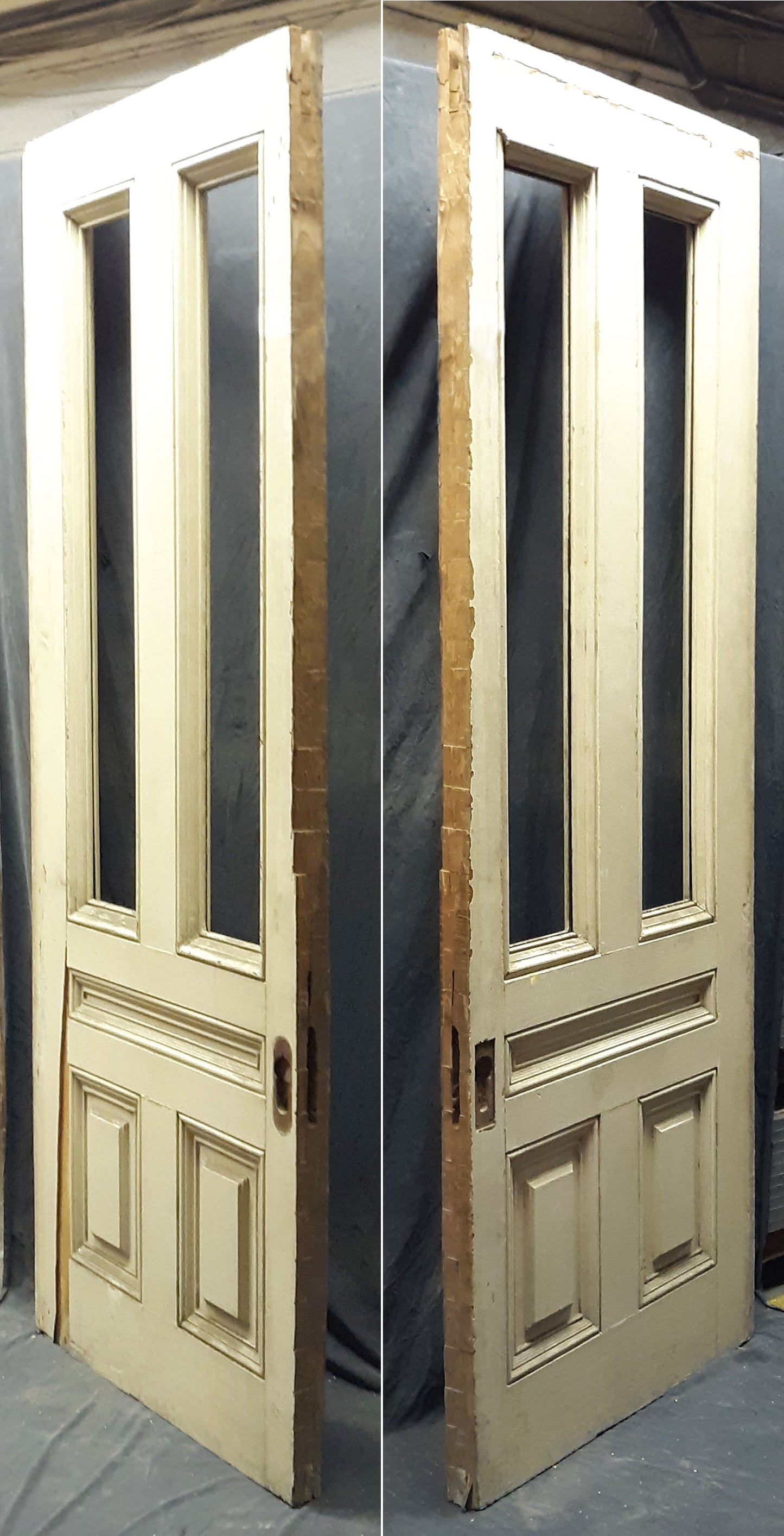 75"x96"x3" Pair Antique Vintage Old Reclaimed Salvaged Victorian SOLID Wood Wooden Interior Exterior Pocket Sliding Double Doors 4 Windows 3 Panels