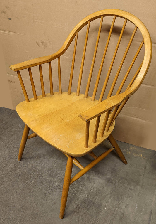 Wide Vintage Antique Old Rustic Solid Maple Wood Wooden Spindle Back Dining Side Accent Arm Chair Armchair Saddle Seat Made in Yugoslavia