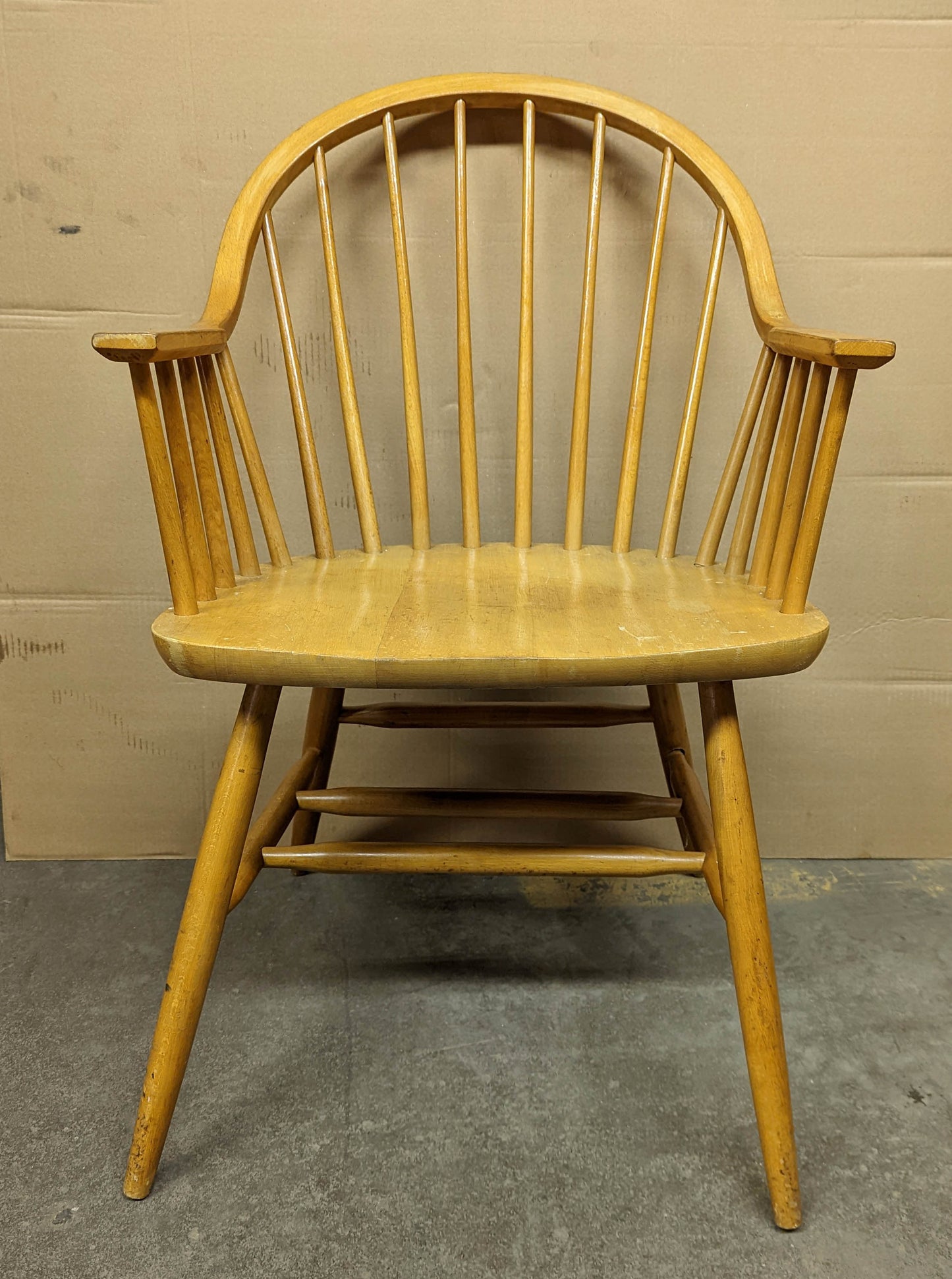 Wide Vintage Antique Old Rustic Solid Maple Wood Wooden Spindle Back Dining Side Accent Arm Chair Armchair Saddle Seat Made in Yugoslavia