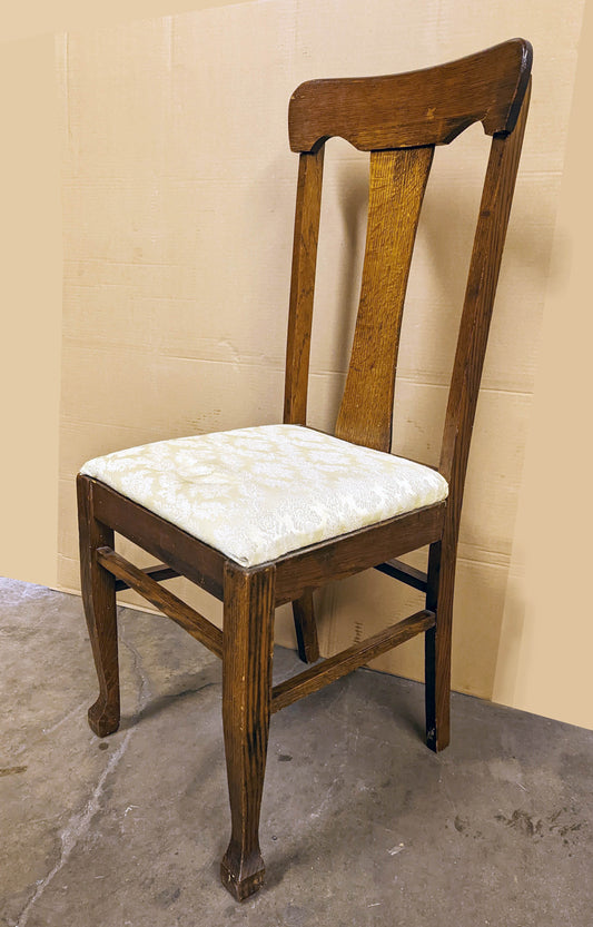 Antique Vintage Old SOLID Oak Wood Wooden Side Dining Desk Chair Fabric Seat Mission Arts & Crafts Style