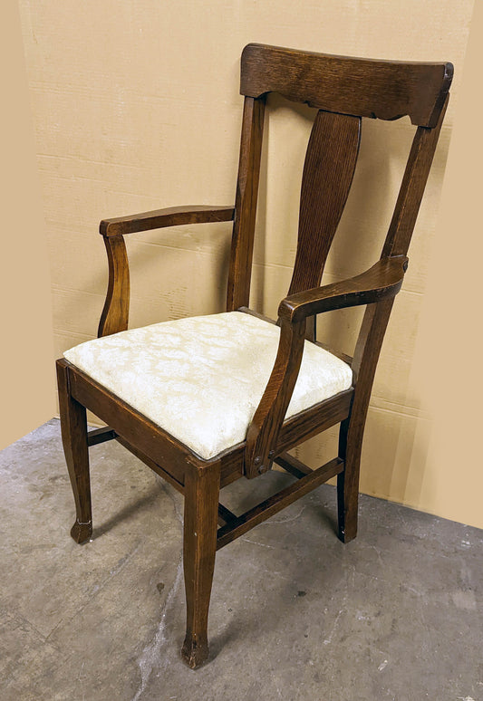 Antique Vintage Old Rustic Solid Oak Wood Wooden Dining Side Accent Arm Chair Armchair Floral Fabric Seat
