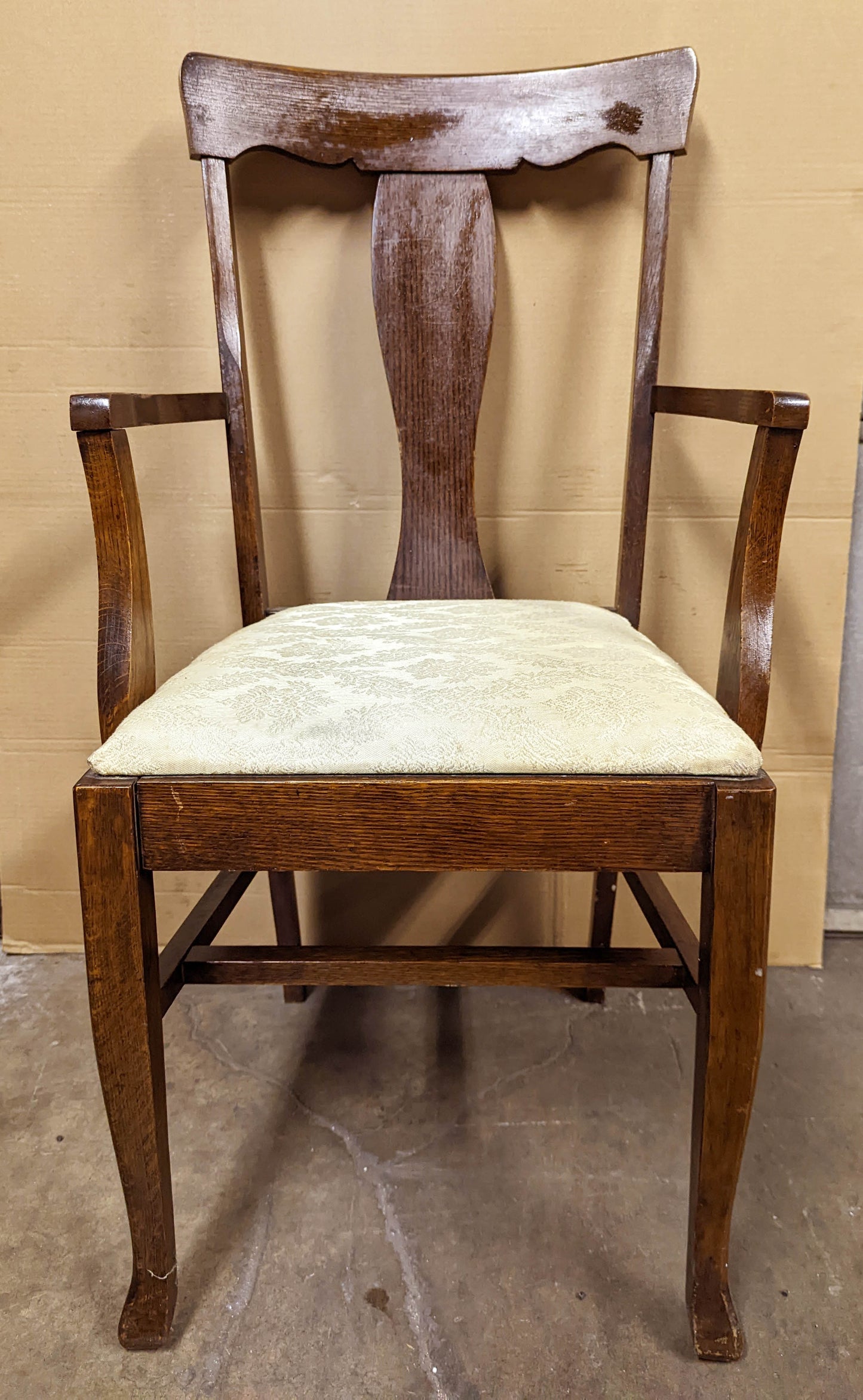 Antique Vintage Old Rustic Solid Oak Wood Wooden Dining Side Accent Arm Chair Armchair Floral Fabric Seat