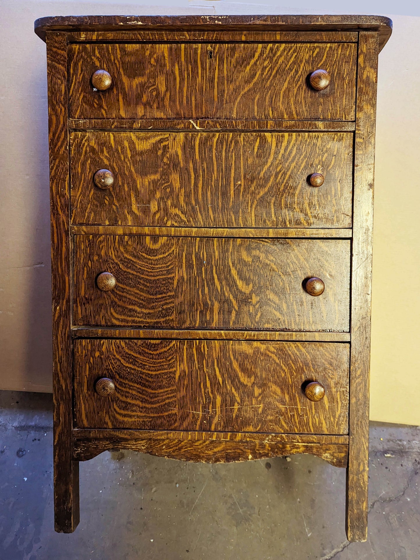 Small Antique Vintage Old Solid Wood Wooden Dresser Highboy High Boy Chest 4 Drawers Quartersawn Oak Faux Grain