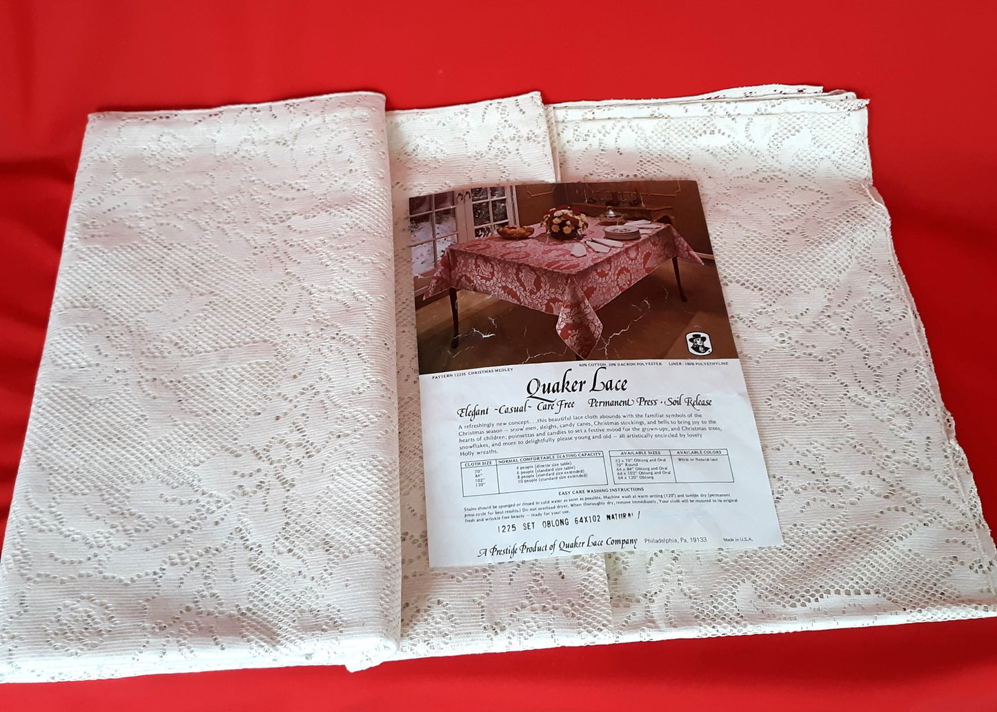 Vintage Quaker Lace Natural Color Cotton Blend Oblong Long Tablecloth Christmas Motifs Elegant Carefree Soil Release 64” W x 102”L- USA- NOS