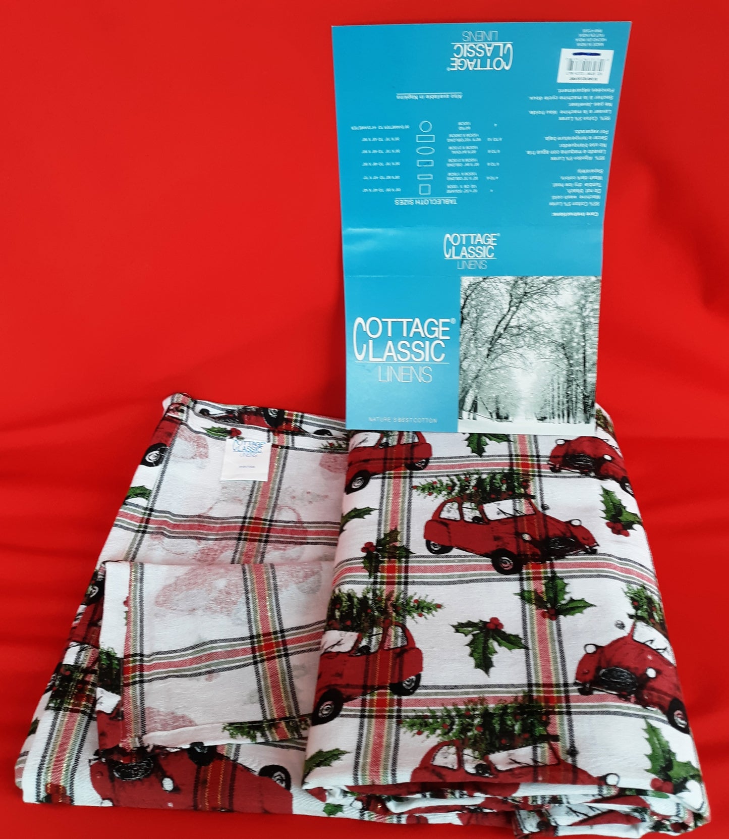 Vintage Cottage Classic Linens Christmas Tablecloth Holiday Home Decor Cotton Oblong Rectangle 60”x 84”- NOS-Made in India