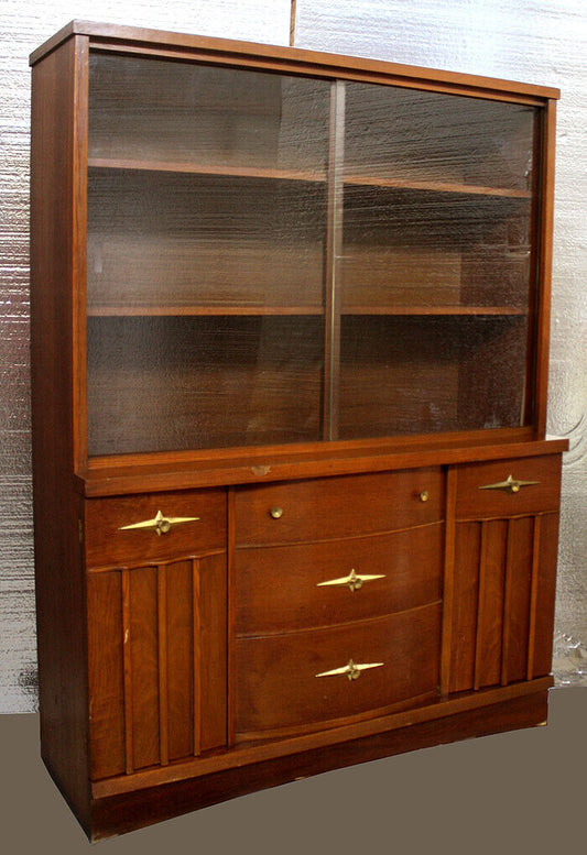 Vintage Antique Old Reclaimed Salvaged China Curio Cabinet Server Buffet Breakfront Wood 2 Glass Doors