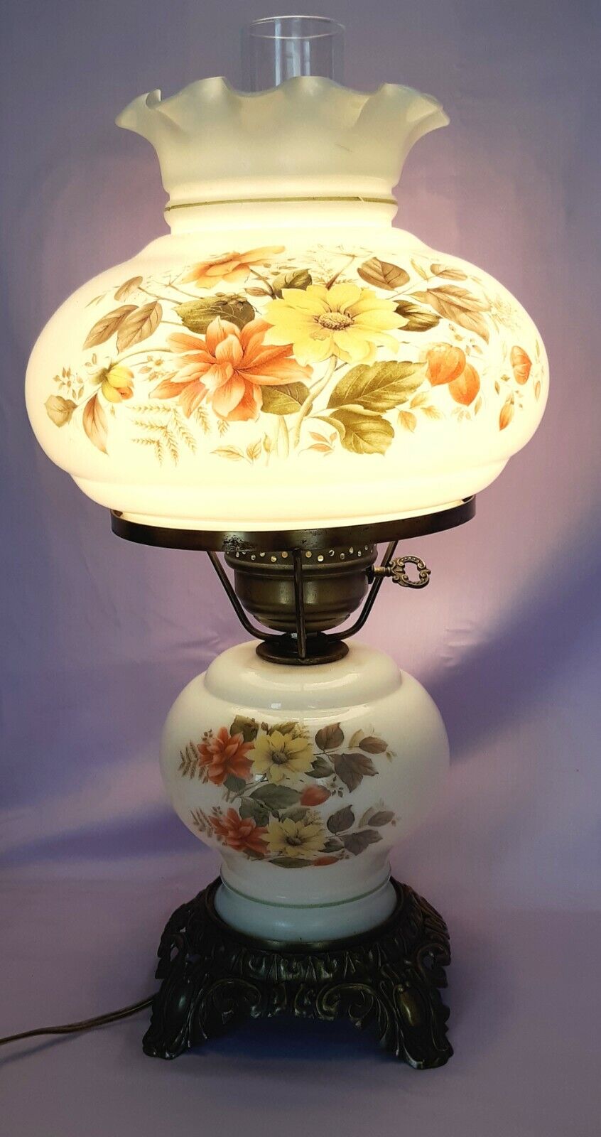 GWTW Style Lamp Milk Glass Globe Shade Painted Wild Flowers 3 Way w/Chimney VTG