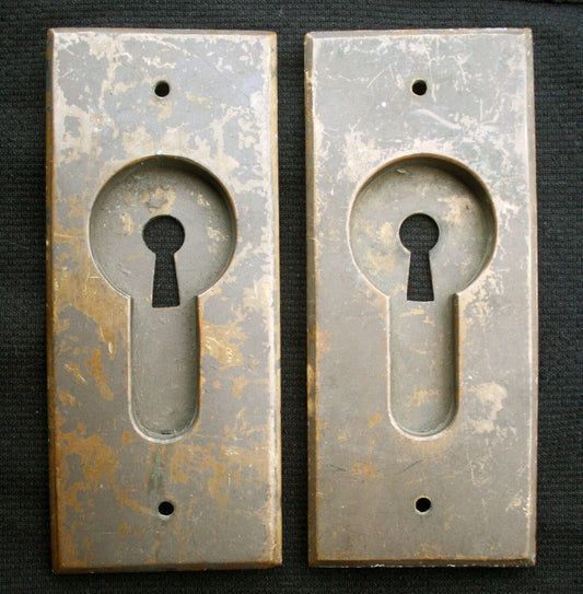 BIG! Pair Antique Vintage Old Reclaimed Salvaged SOLID Cast Bronze Brass Pocket Door Key Plate Pull