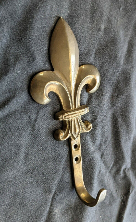 Vintage Antique Old Reclaimed Salvaged Solid Brass Fleur De Lis Coat Towel Hook Door Wall Mount