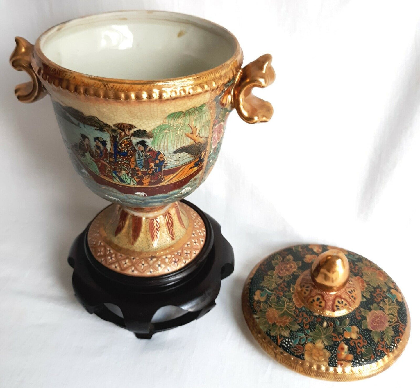 Satsuma China Hand Painted Ceramic Pottery Handles Urn Gilt Geisha Enamel +Stand