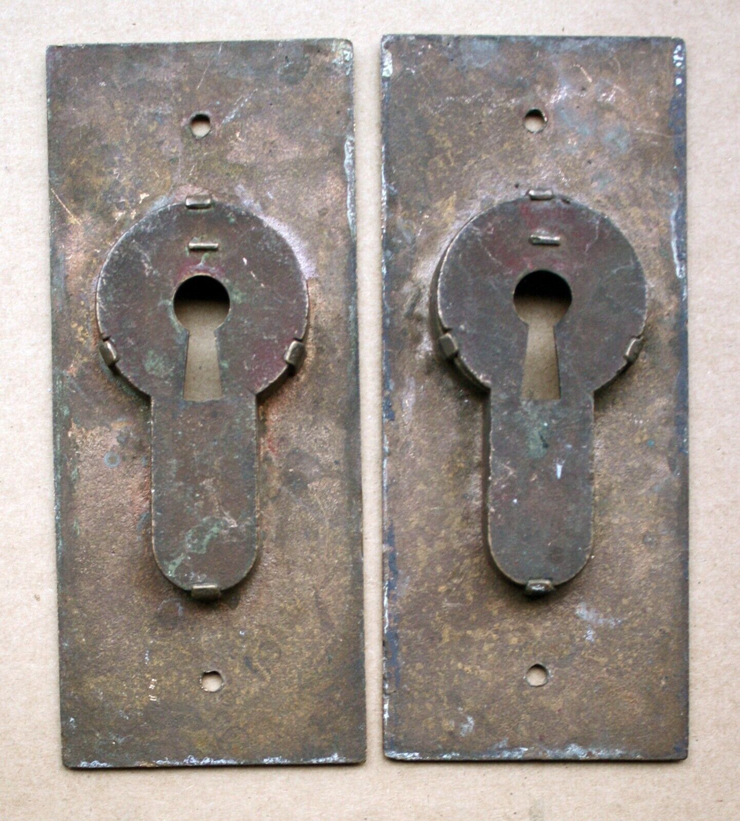 BIG! Pair Antique Vintage Old Reclaimed Salvaged SOLID Cast Bronze Brass Pocket Door Key Plate Pull