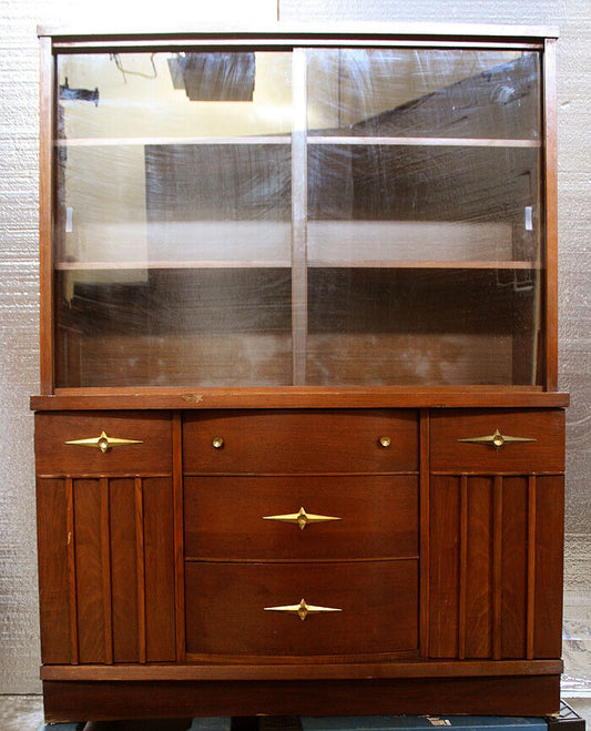 Vintage Antique Old Reclaimed Salvaged China Curio Cabinet Server Buffet Breakfront Wood 2 Glass Doors