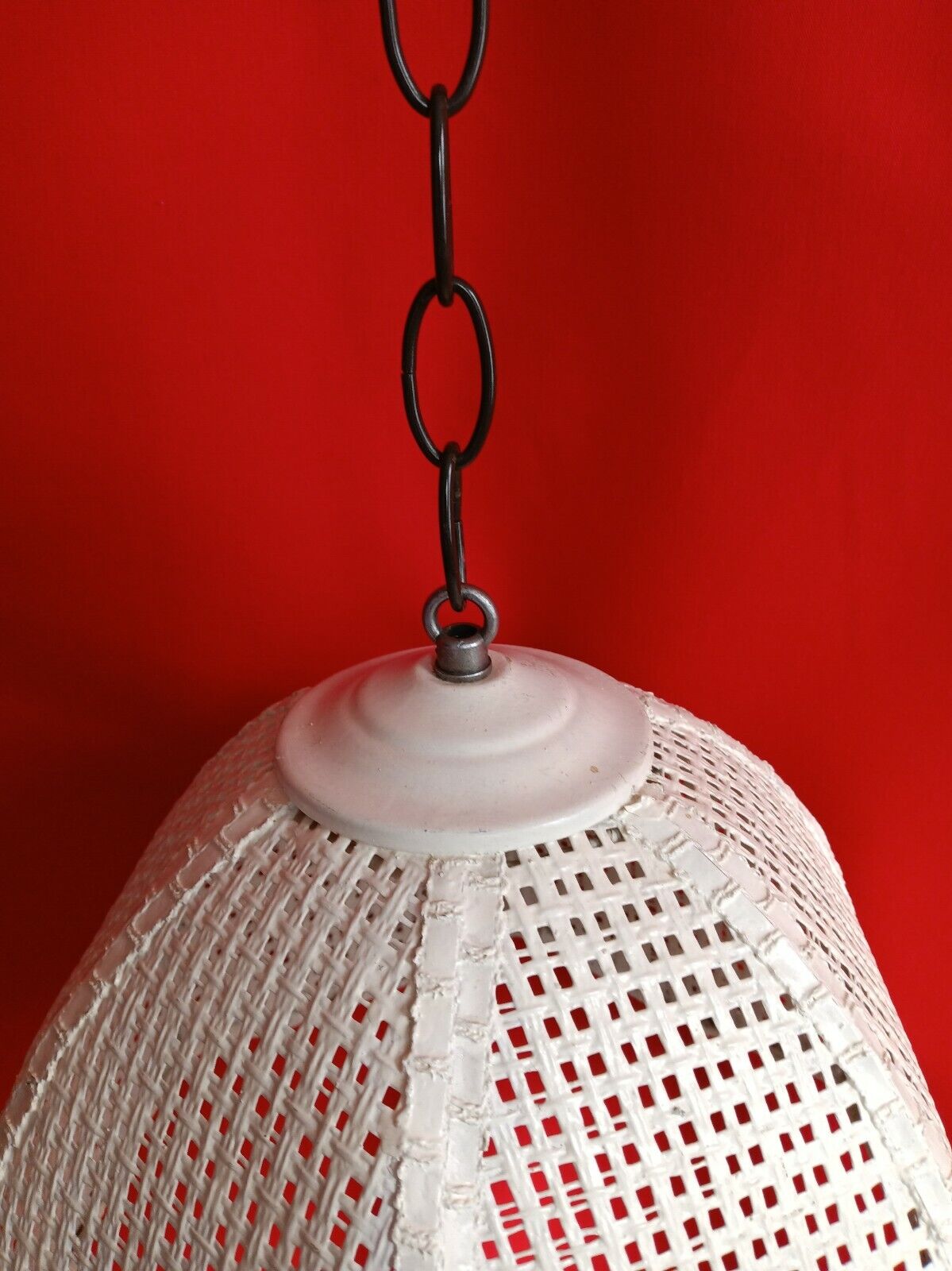 Wicker Rattan Pendant Hanging Lampshade Bell-Shaped Metal Chain White Painted
