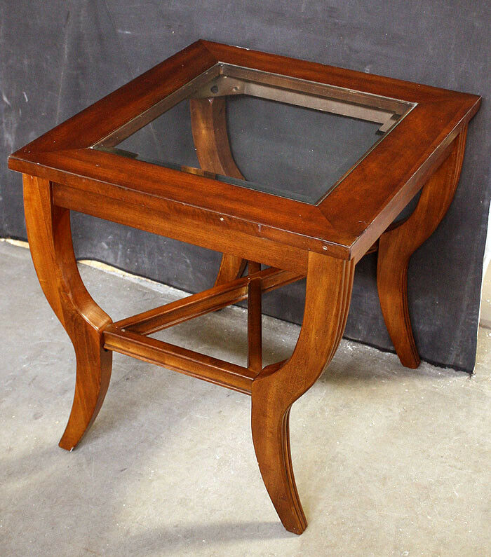Vintage Old Reclaimed Salvaged Solid Wood Wooden Cherry Side End Accent Lamp Sofa Table Beveled Glass