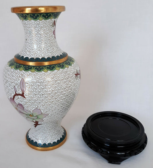 Chinese Enamel Brass Cloisonné Vase Gilt Cherry Blossom Bird Asian Decor