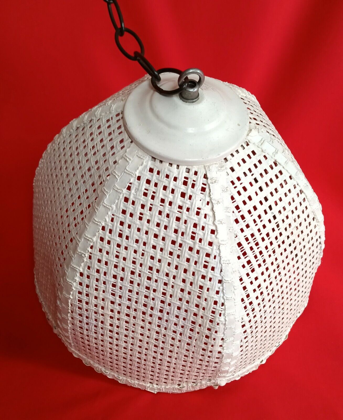 Wicker Rattan Pendant Hanging Lampshade Bell-Shaped Metal Chain White Painted