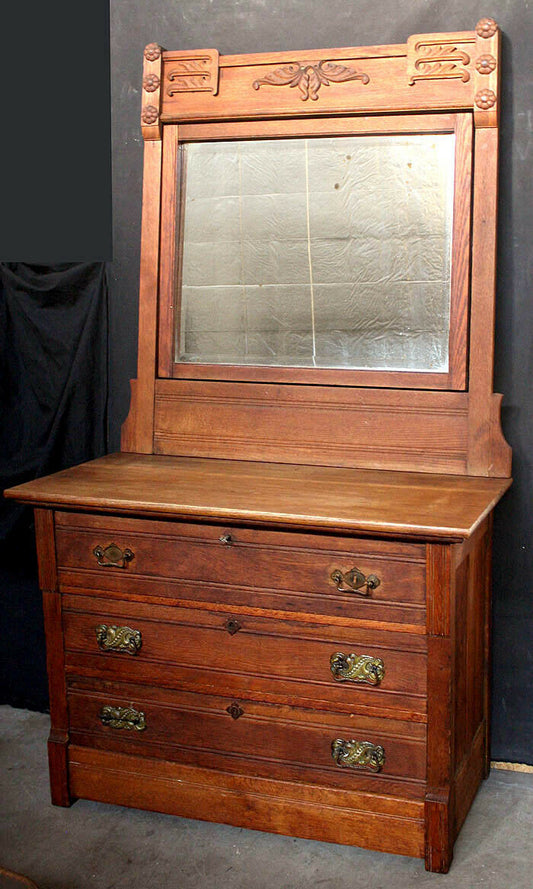 Antique Vintage Old Reclaimed Salvaged Victorian Eastlake Oak Wood Wooden Dresser Chest Vanity Beveled Mirror Key