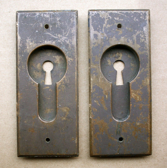 BIG! Pair Antique Vintage Old Reclaimed Salvaged SOLID Cast Bronze Brass Pocket Door Key Plate Pull