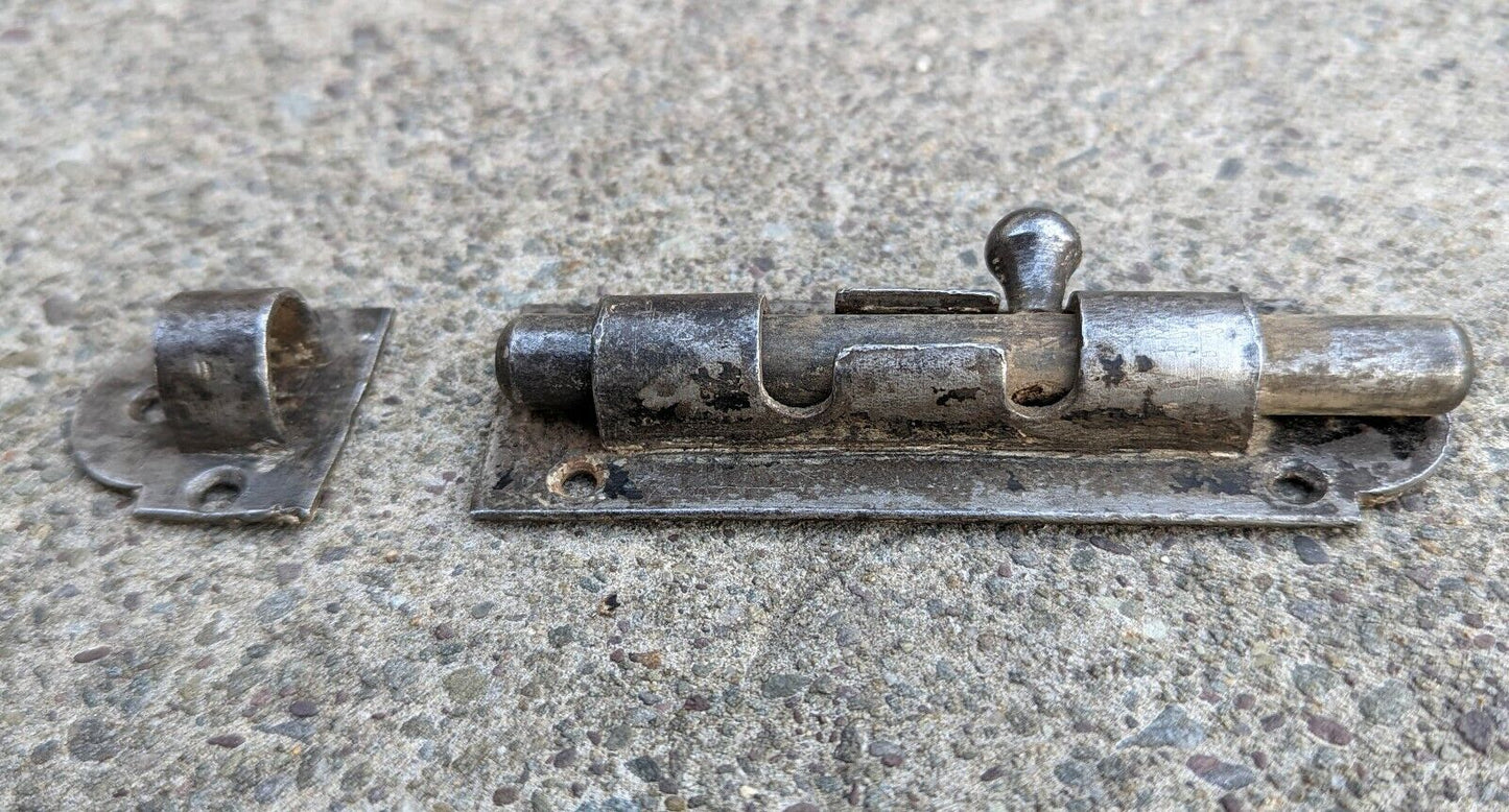 4" Vintage Antique Old Reclaimed Salvaged Steel Door Privacy Slide Bolt Latch Barrel Lock Lockset