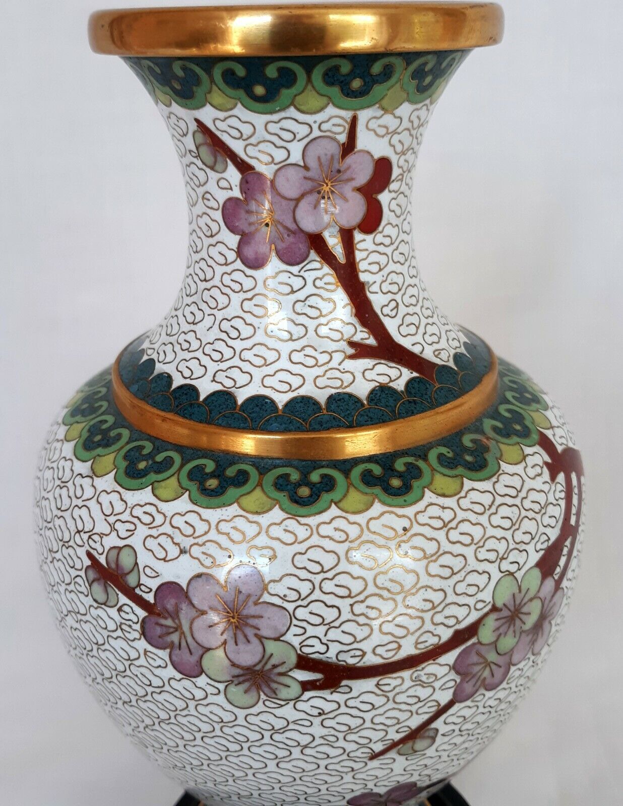 Chinese Enamel Brass Cloisonné Vase Gilt Cherry Blossom Bird Asian Decor