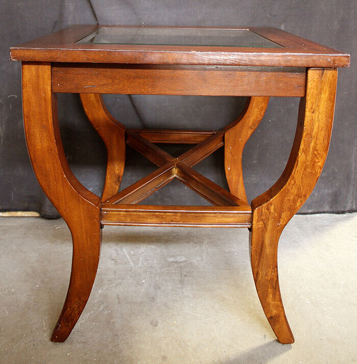 Vintage Old Reclaimed Salvaged Solid Wood Wooden Cherry Side End Accent Lamp Sofa Table Beveled Glass