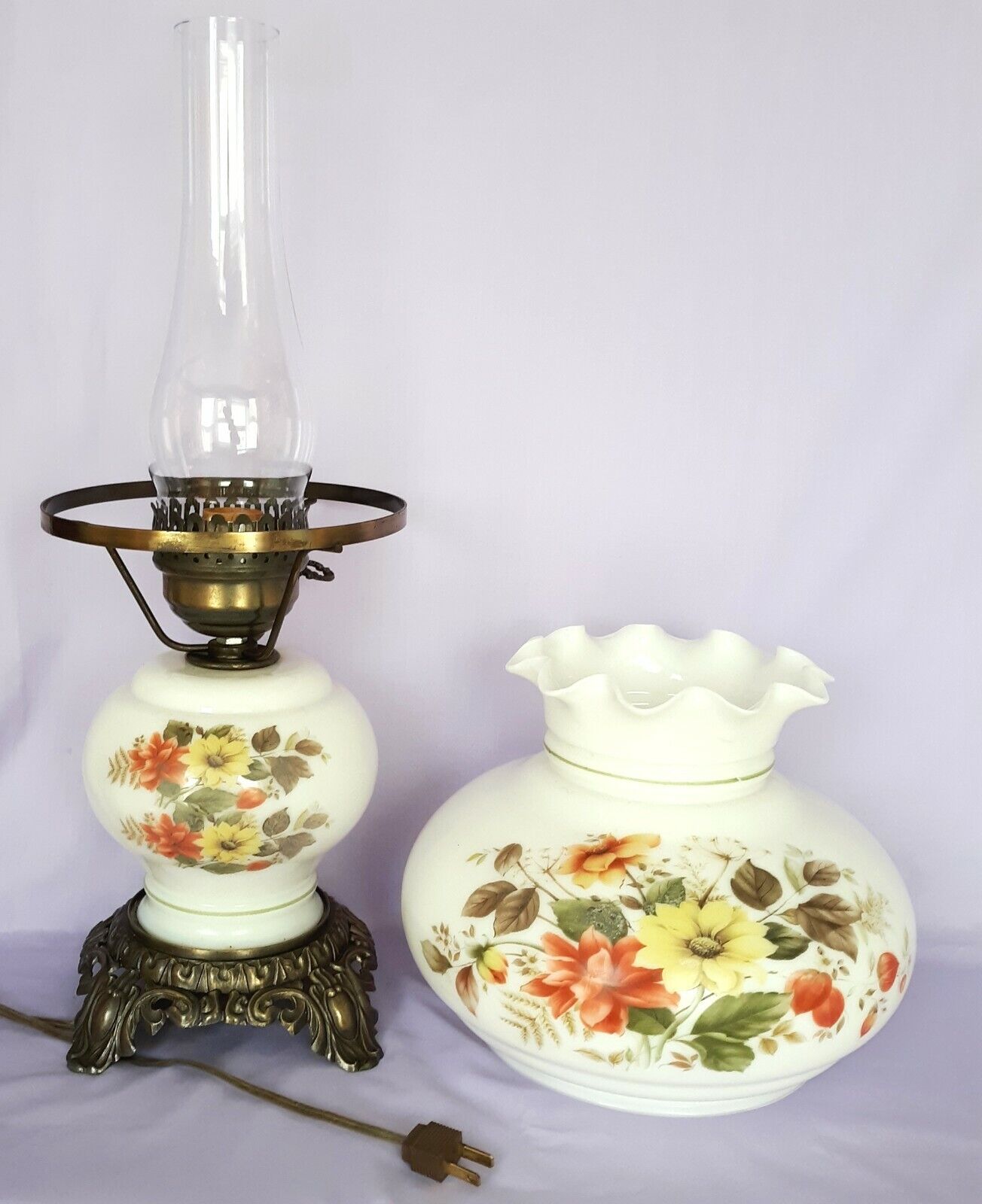 GWTW Style Lamp Milk Glass Globe Shade Painted Wild Flowers 3 Way w/Chimney VTG