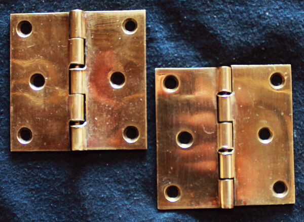 Pair Antique Old Reclaimed Salvaged 3"x3" SOLID Cast Brass Flat 5 Knuckle Cabinet Interior Door Hinges