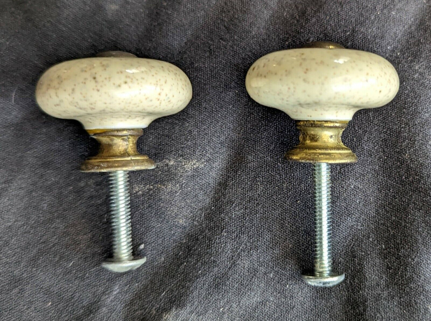 8 available Vintage Old Reclaimed Salvaged Round Ceramic Brass Dresser Drawer Furniture Knob Pull Handle