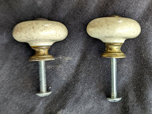 Vintage Old Reclaimed Salvaged Round Ceramic Brass Dresser Drawer Cabinet Furniture Knob Pull Handle