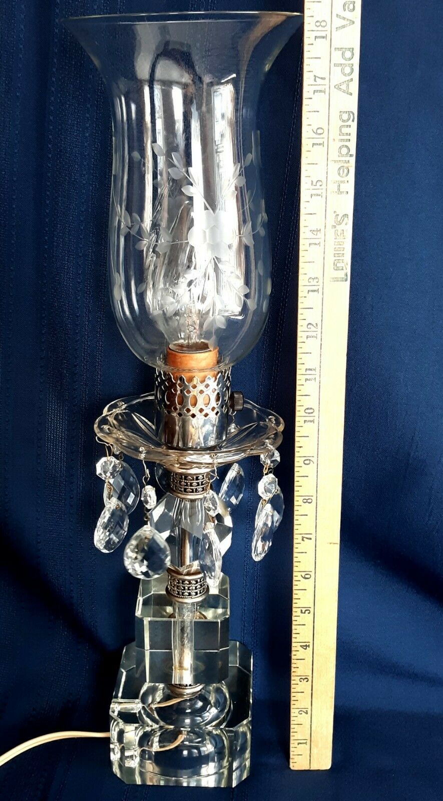 Vintage Art Deco Stacked Cut Lead Crystal Glass Lamp w/Dangling Crystals Glass Lampshade