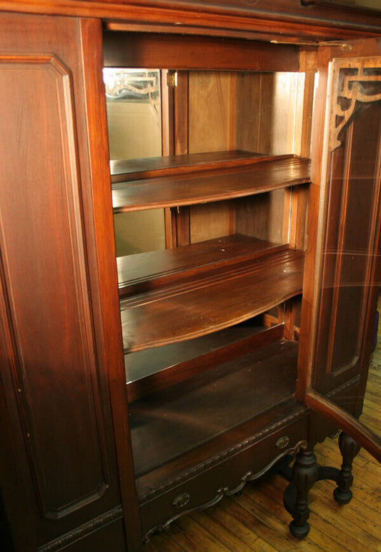 Antique Vintage Old Reclaimed Salvaged Wood Wooden Bowed Glass Curio China Cabinet Server Breakfront