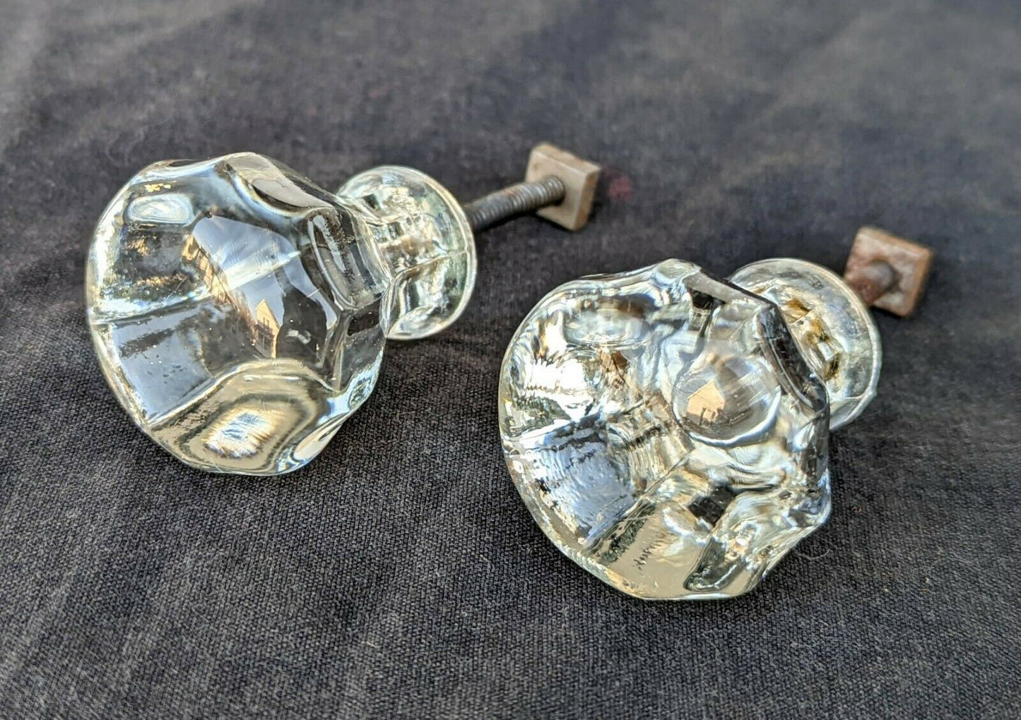 Pair BIG Vintage Antique Old Reclaimed Salvaged Hexagon Glass Dresser Drawer Furniture Knob Pull Handle