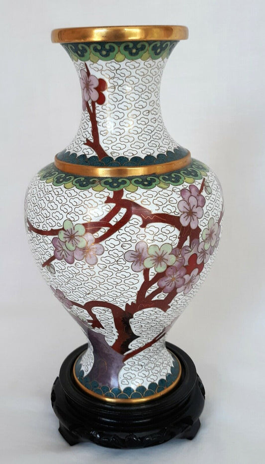 Chinese Enamel Brass Cloisonné Vase Gilt Cherry Blossom Bird Asian Decor