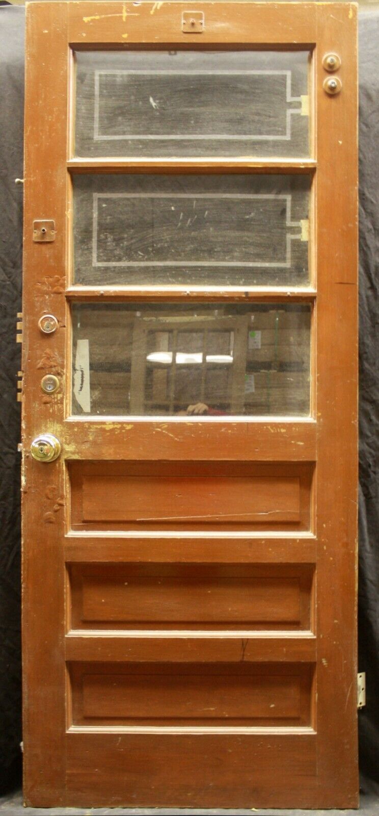 32"x79" Antique Vintage Old Reclaimed Salvaged SOLID Wood Wooden Entry Door 3 Window Glass 3 Panels
