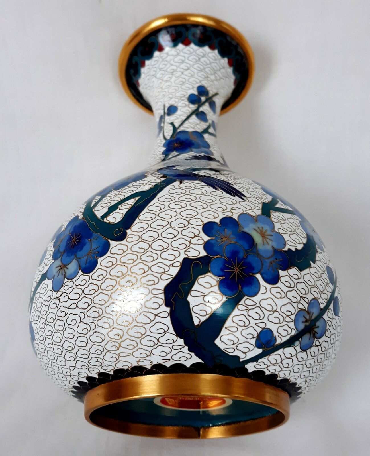 Chinese Enamel Brass Cloisonné Vase Gilt Blue Cherry Blossom Birds Stand -Mint
