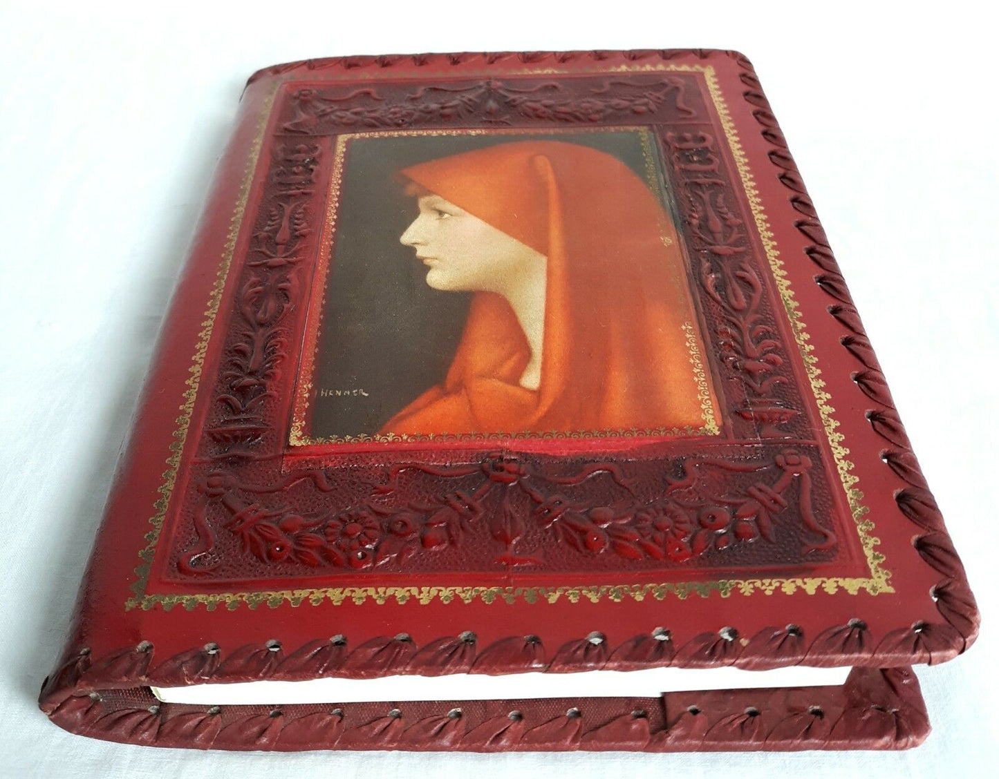 Rare Hand Tooled Embossed Leather Book Bible Cover Red Portrait St.Fabiola-Italy