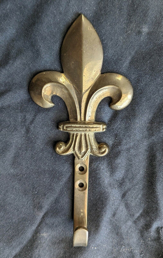 Vintage Antique Old Reclaimed Salvaged Solid Brass Fleur De Lis Coat Towel Hook Door Wall Mount