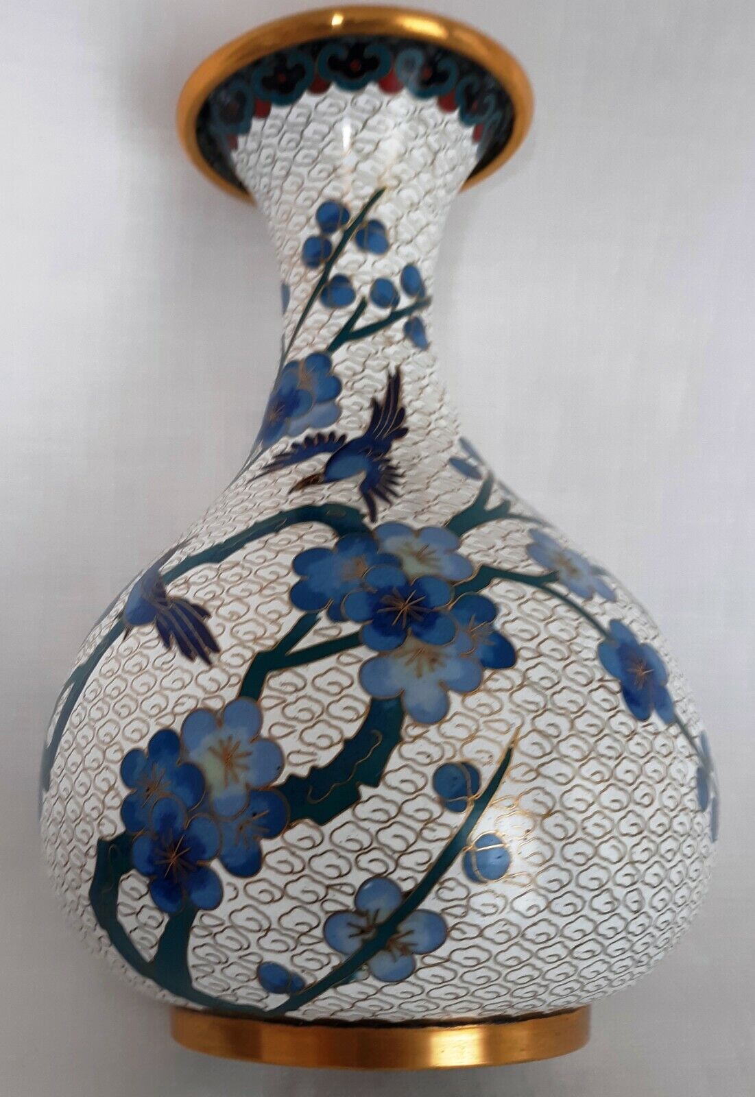 Chinese Enamel Brass Cloisonné Vase Gilt Blue Cherry Blossom Birds Stand -Mint
