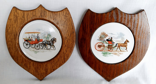 Vintage Pair Wall Hanging Plaques Wooden Shield w/ Hand Painted Ceramic Tile Wall Decor Fine Artwork- Made in England