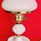 Vintage Milk Glass Lamp Beaded Tray Base Quilted Diamond Pattern Shade Parlor Table Statement Lamp GWTW Style Retro Lighting