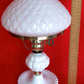 Vintage Milk Glass Lamp Beaded Tray Base Quilted Diamond Pattern Shade Parlor Table Statement Lamp GWTW Style Retro Lighting